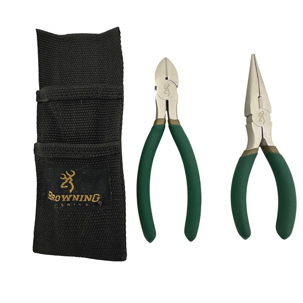Browning Fishing Pliers Set Needle Nose Side Cutters Green Grips Nylon Sheath